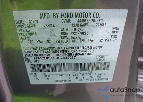 2010 Ford Escape Xlt из США, поврежденный, VIN 1FMCU0D75AKA42237